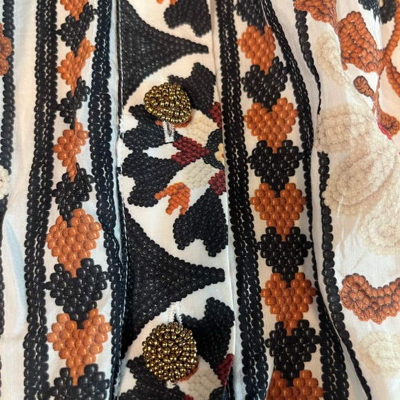 Farm Rio Flower Fan Off White Tapestry Dress Puff Sleeve Button Down Size Small - Picture 8 of 14